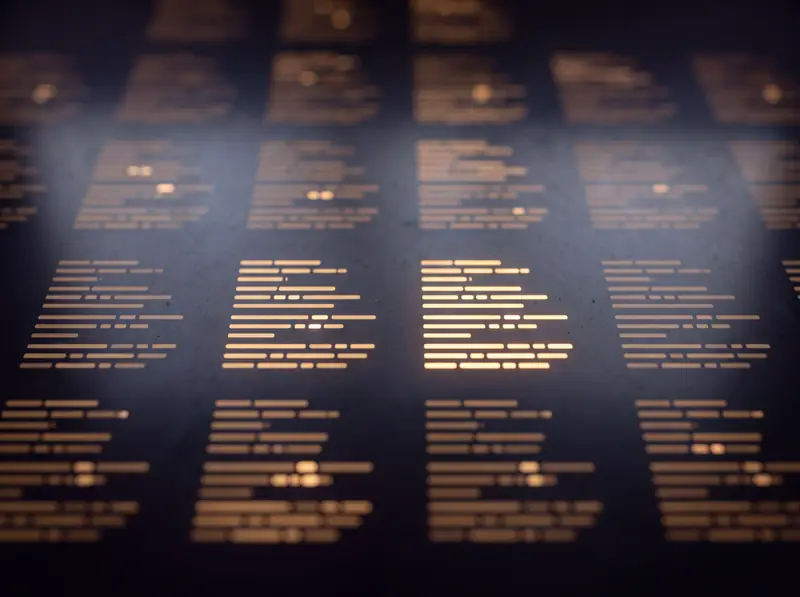 Ein Raster wiederkehrender Messblöcke aus goldenen Lichtbalken